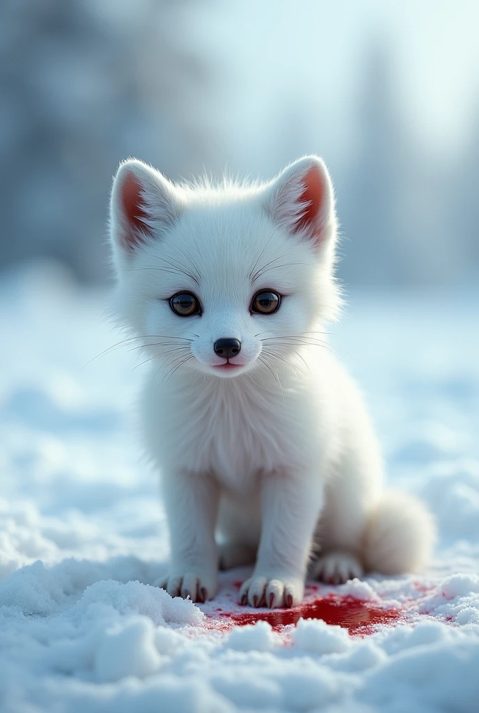 A white arctic fox cub met human cruelty with gunshots 