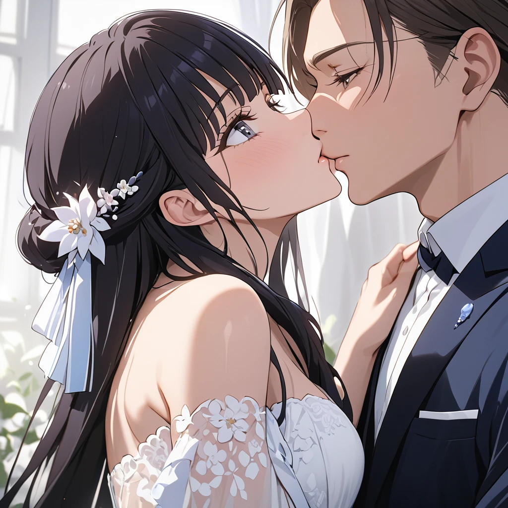 ((Highest quality)), ((masterpiece)), (detailed), （Perfect Face）、The woman is Reika Aoki, a Russian woman with semi-long hair.、A woman is getting married to a Russian man in Russia, embracing him and kissing him in exchange for a vow.