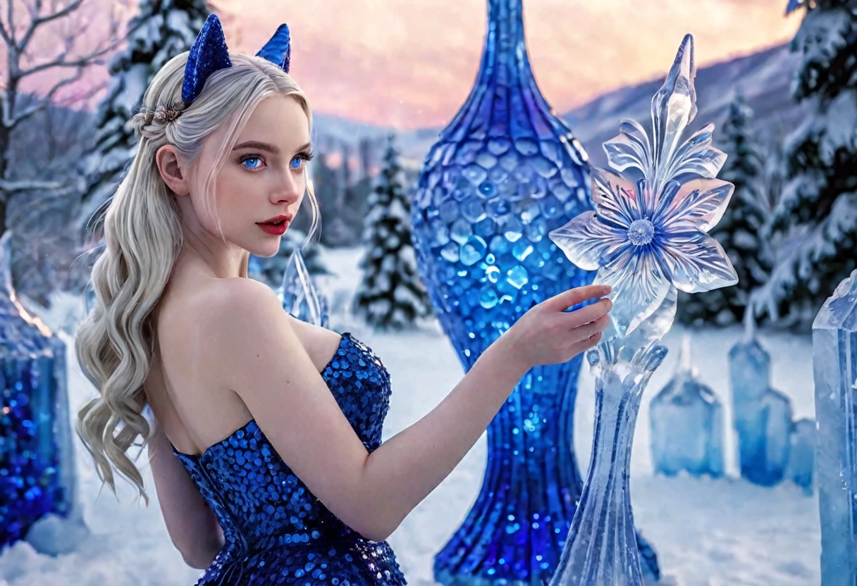 A cute woman with blue skin, deep blue eyes, pointy ears, waist length pale hair, wearing a sapphire sequin sparkling evening gown, inspecting her ice sculpture flower garden in a snow landscape at twilight, masterpiece, highly detailed, photorealistic, 8k, hyperrealistic, intricate details, cinematic lighting, dramatic colors, fantasy, elegant, magical, whimsical, ethereal
