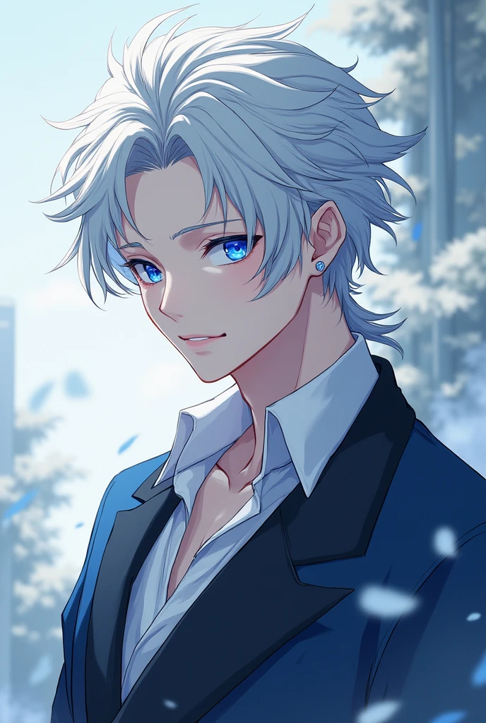 Make A Anime Character with blue eyes perfect jawline And with hair with White Skin he is Male his age around 22 Make him Strong kind in Nature He wearing clothes like Gojo 