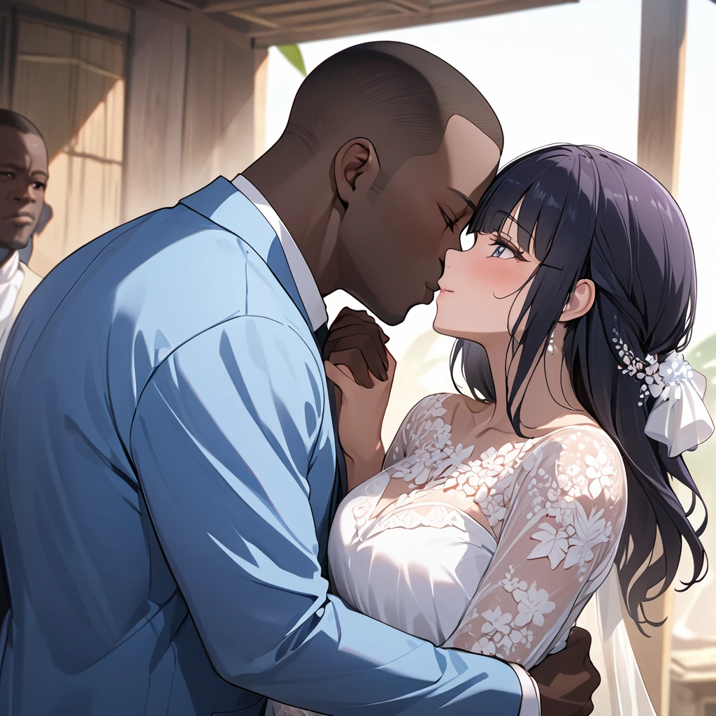 ((Highest quality)), ((masterpiece)), (detailed), （Perfect Face）、The woman is Reika Aoki, a Congolese woman with medium-long hair.、A woman is getting married to a Congolese man in the Congo, embracing him and kissing him in a vow ceremony.