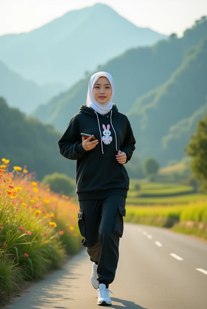 Beautiful Korean girl, smooth white skin, well-groomed face, thin smile, white hijab, black hoodie, rabbit motif, black cargo pants, white snacker shoes, wearing headphones in ears, iPhone cell phone in hand, jogging on a very exotic country road Background Mountain road, on either side of the road there are lush rice fields with colorful flowers which look authentic, real and realistic in photos