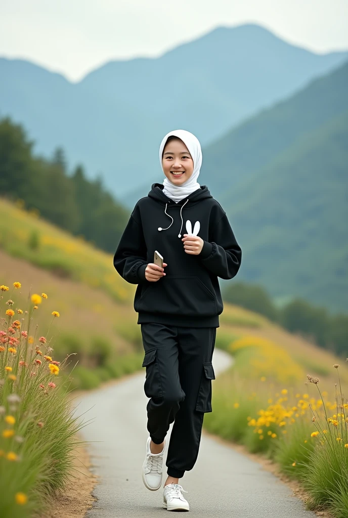 Beautiful Korean girl, smooth white skin, well-groomed face, thin smile, white hijab, black hoodie, rabbit motif, black cargo pants, white snacker shoes, wearing headphones in ears, iPhone cell phone in hand, jogging on a very exotic country road Background Mountain road, on either side of the road there are lush rice fields with colorful flowers which look authentic, real and realistic in photos