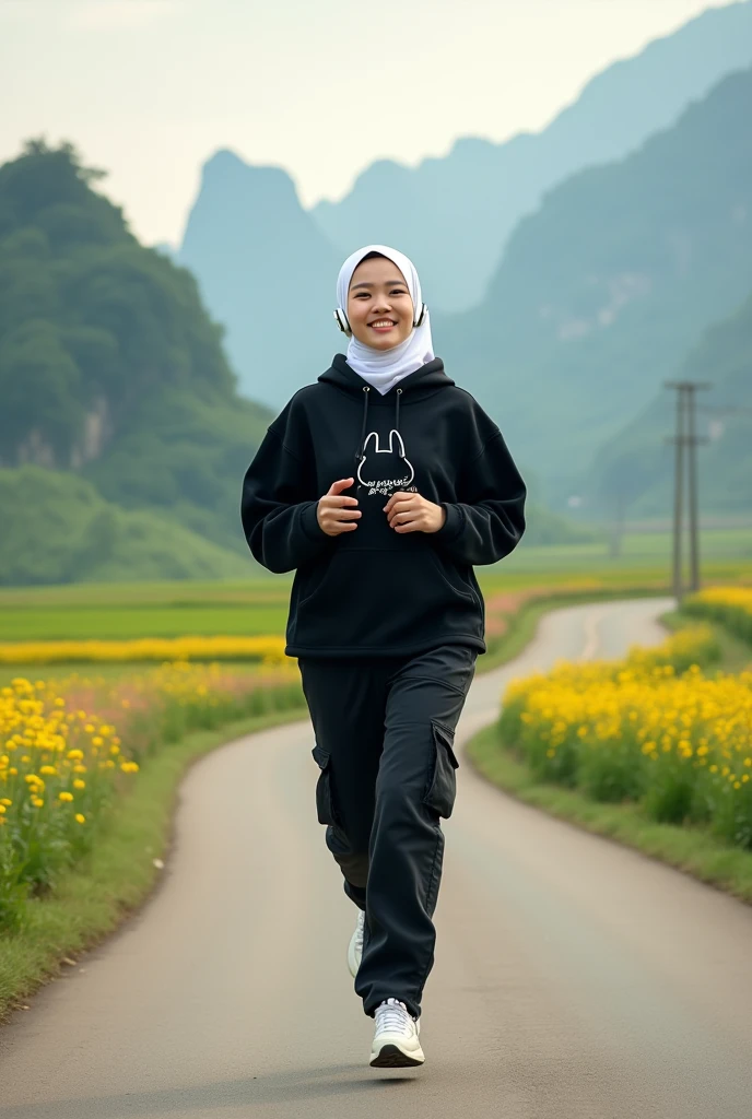 Beautiful Korean girl, smooth white skin, well-groomed face, thin smile, white hijab, black hoodie, rabbit motif, black cargo pants, white snacker shoes, wearing headphones in ears, iPhone cell phone in hand, jogging on a very exotic country road Background Mountain road, on either side of the road there are lush rice fields with colorful flowers which look authentic, real and realistic in photos