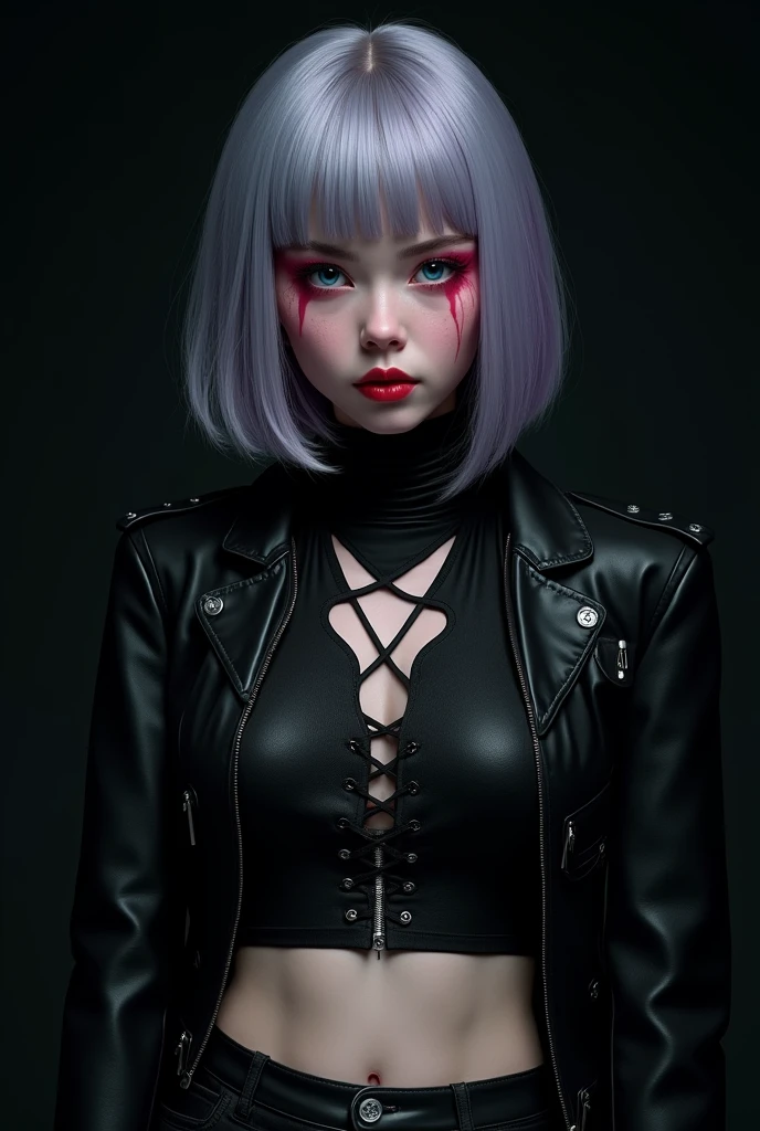 masterpiece, (Reality:1.4), best quality, Beautiful Lights,
Seven grass camelina, 1 Girl, Bangs, black background, black jacket, black shirt, black shorts, blue eyes, blunt Bangs, breast, Cleavage incision, Garment cutting, Crop Top, Eyeshadow, Fangs, Gradient hair, Gray hair, Hair ring, jacket, Lilac hair, Looking at the audience, cosmetic, Colorful hair, Umbilical cord, open mouth, red Eyeshadow, shirt, shorts, sleeveless, sleeveless turtleneck sweater, sleeveless turtleneck sweater Crop Top, small breast, Solitary, Stomach, turtleneck sweater, turtleneck sweater Crop Top, Two-tone hair, Vampire RAW photos, 8K Ultra HD, Film Grain