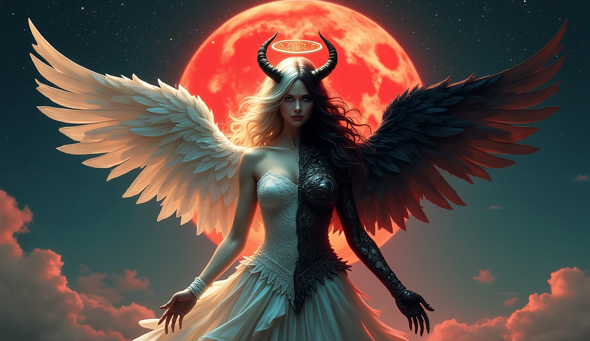 Create a woman with half an angel's body and the other half a demon's body against a starry sky background with a blood moon.