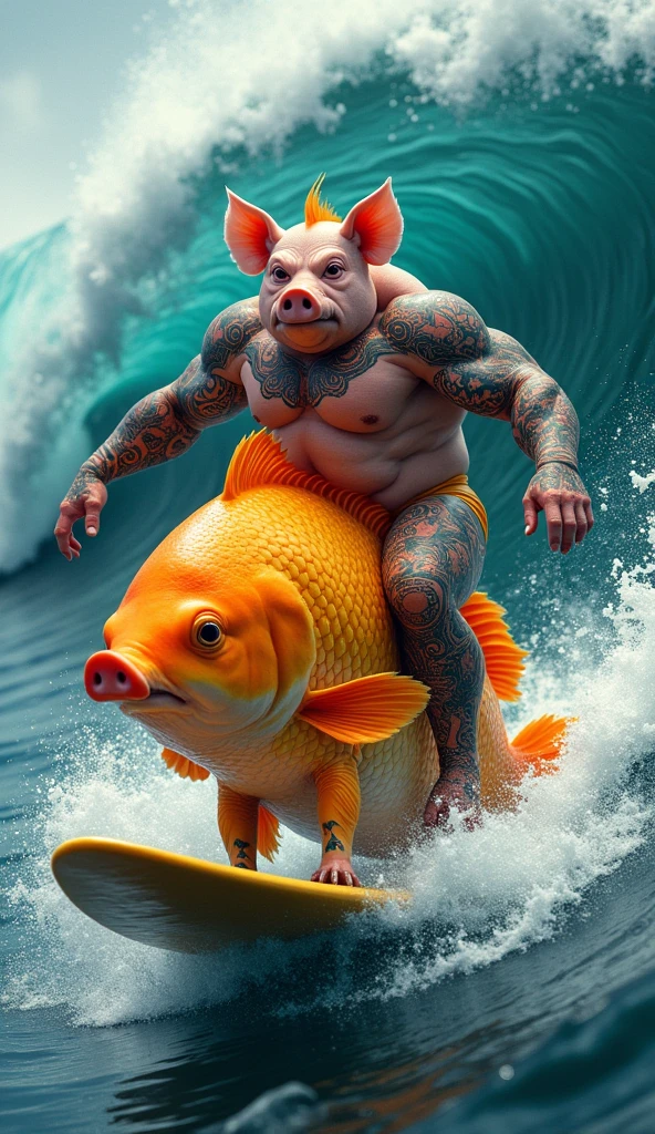A muscular, tattooed, chesty, shirtless pig riding a giant goldfish while surfing off a wave