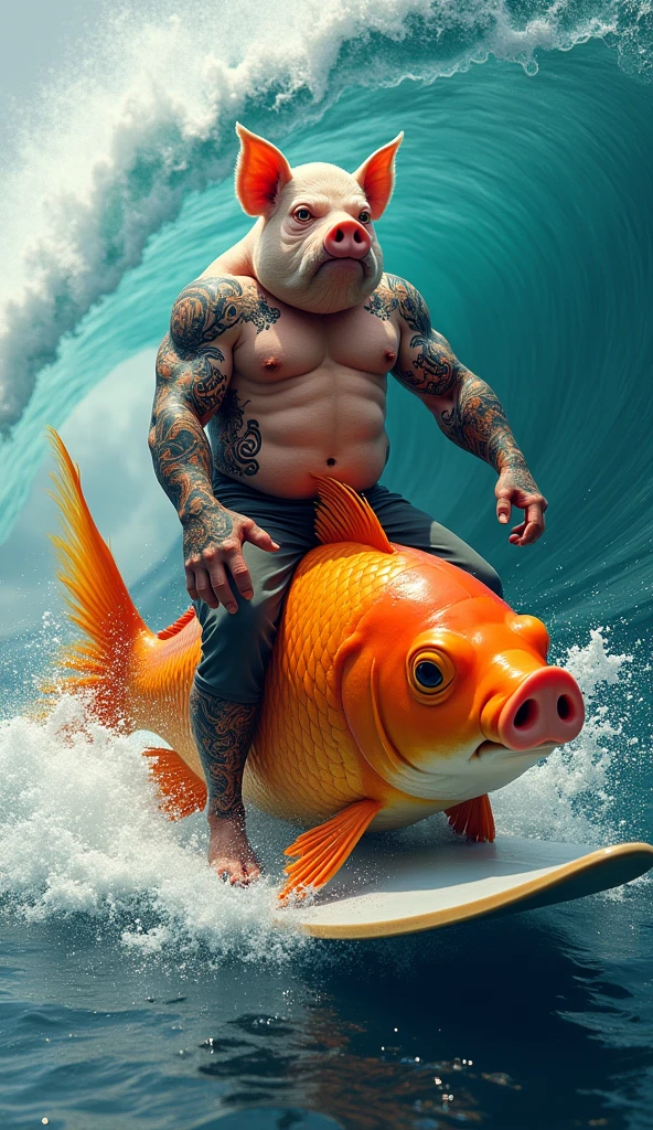 A muscular, tattooed, chesty, shirtless pig riding a giant goldfish while surfing off a wave
