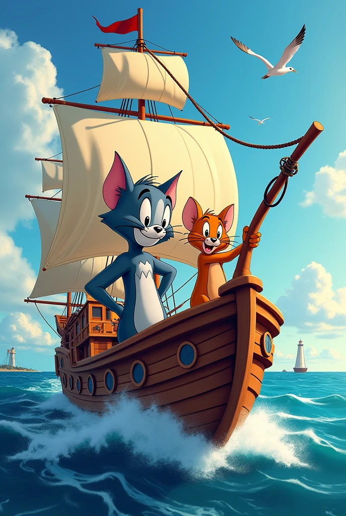 Tom and Jerry sailing the sea on an animated pirate ship like in the series