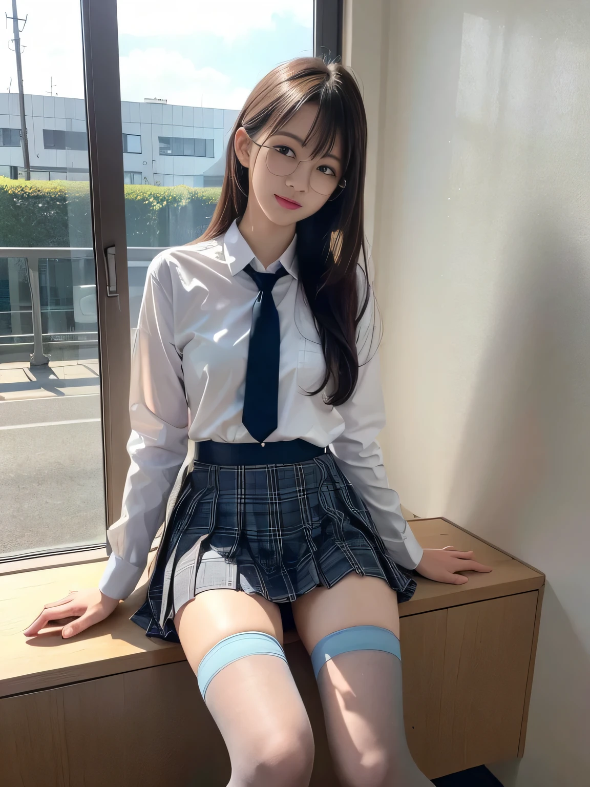 (8k、RAW Photosgraphy、Highest quality、masterpiece:1.2),Staring at the audience,Viewed from the front,strong,erotic,student,Light green Bra,White skin,knees,(Black Pantyhose),absurdes,a small face,small ,Flat Chest,Part the front hair from the middle、The forehead is visible,(Embarrassed,Squinting my eyes,Glare,strong,skinny,Sanding,Rage)、masterpiece,Highest quality、Ultra-high resolution,RAW Photos,Only,Beautiful poop,one person, 独奏,Glasses,,Small Chest,whole body,Round Glasses、cute、Back to Students,JK Uniform,high school girl,Japanese women,standing,(Photorealistic:1.37)、Photon Mapping,Realistic、cute face,Brown eye、Black socks、(Red tie)、Radio City、物理ベースOnlyダリング、prospect、Depth of written boundary、Pink wall、body,Beautiful feet, Long legs, Thin legs,Tie your hair into one strand on your chest,(I can see the front hair), hair, Lips, green_eye, Nose Soft,(Light blue shirt), (Navy plaid pleated skirt), I can see the knees,See-through clothing,, thigh, black cotton socks,Nogizaka Idol, ,smile、sexly、