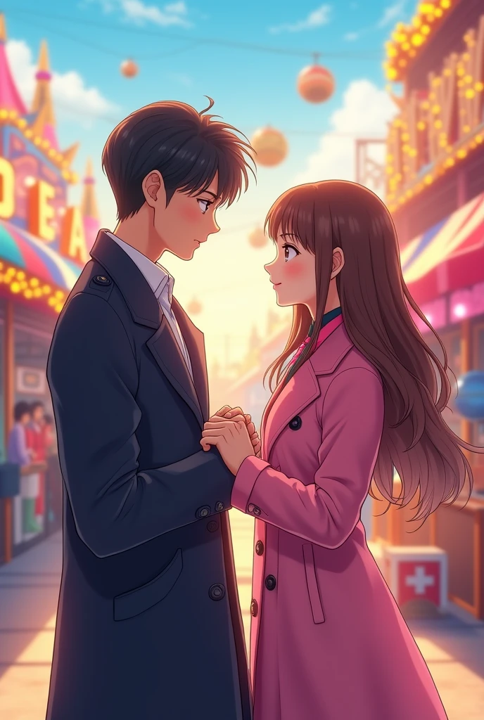 cinematic poster about girl and a guy holding hands at amusement park. they are in love. make the poster looks like anime. the guys wearing a coat and also the girl using a pink coat