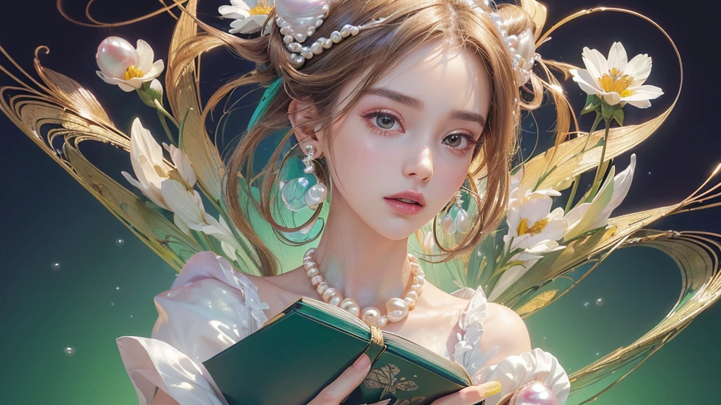 32K, 最高quality, 最高masterpiece, (ultra-Detailed Background, Detailed Background), High resolution, Super detailed, Very detailedな, 1 personの, (bouquet:1.3), (Tangled:1.2), (Geometric:1.2),(colorful),(masterpiece, quality, best quality, Official Art, Beautiful and beautiful:1.2), (1 person:1.3), Very detailed,(colorful:1.1)(Flowers:1.3),Most detailed,(Tangled:1.2), whole body, (Abstract background:1.3), (Skin glows), (Many colors:1.4), ,(Earrings Pearl:1.5), Light green background, It's imaginative., Brunette Hair, Updo, Holding a book, Holding a pen, Satin shirt