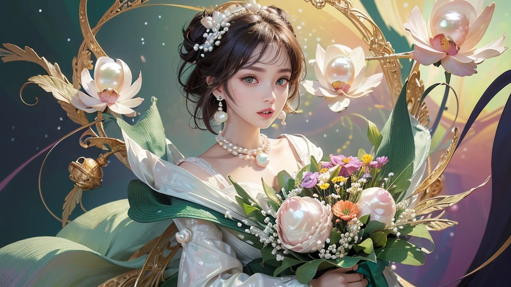 32K, 最高quality, 最高masterpiece, (ultra-Detailed Background, Detailed Background), High resolution, Super detailed, Very detailedな, 1 personの, (bouquet:1.3), (Tangled:1.2), (Geometric:1.2),(colorful),(masterpiece, quality, best quality, Official Art, Beautiful and beautiful:1.2), (1 person:1.3), Very detailed,(colorful:1.1)(Flowers:1.3),Most detailed,(Tangled:1.2), whole body, (Abstract background:1.3), (Skin glows), (Many colors:1.4), ,(Earrings Pearl:1.5), Light green background, It's imaginative., Brunette Hair, Updo, Holding a book, Holding a pen, Satin shirt