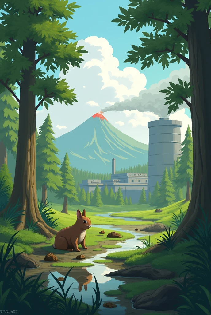 create a 2d image that has: A LITTLE WATER, trees, an animal, A LITTLE ANIMAL EXCREMENT, A factory, a volcano