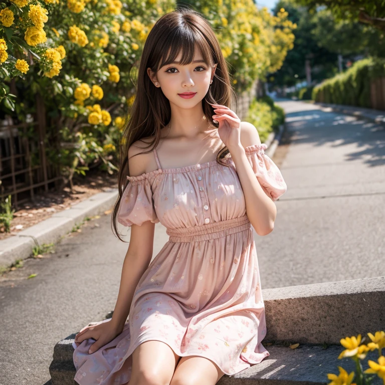 laughing out loud,travel scenery photos,Wear a cute dress,Dress with yellow flower pattern,1 female, On the face, light brown hair, blunt bangs, hair behind ears, Shoulder-length hair, long hair, Slender body type, 超face slimming型, face slimming, delicate lips, beautiful eyes, Thin blush, Eyes are light brown,View here, (actual:1.3), One person's perspective, 8k, Super detailed, high quality, best quality, High resolution,2,above knee shot,Breast protrusion,full