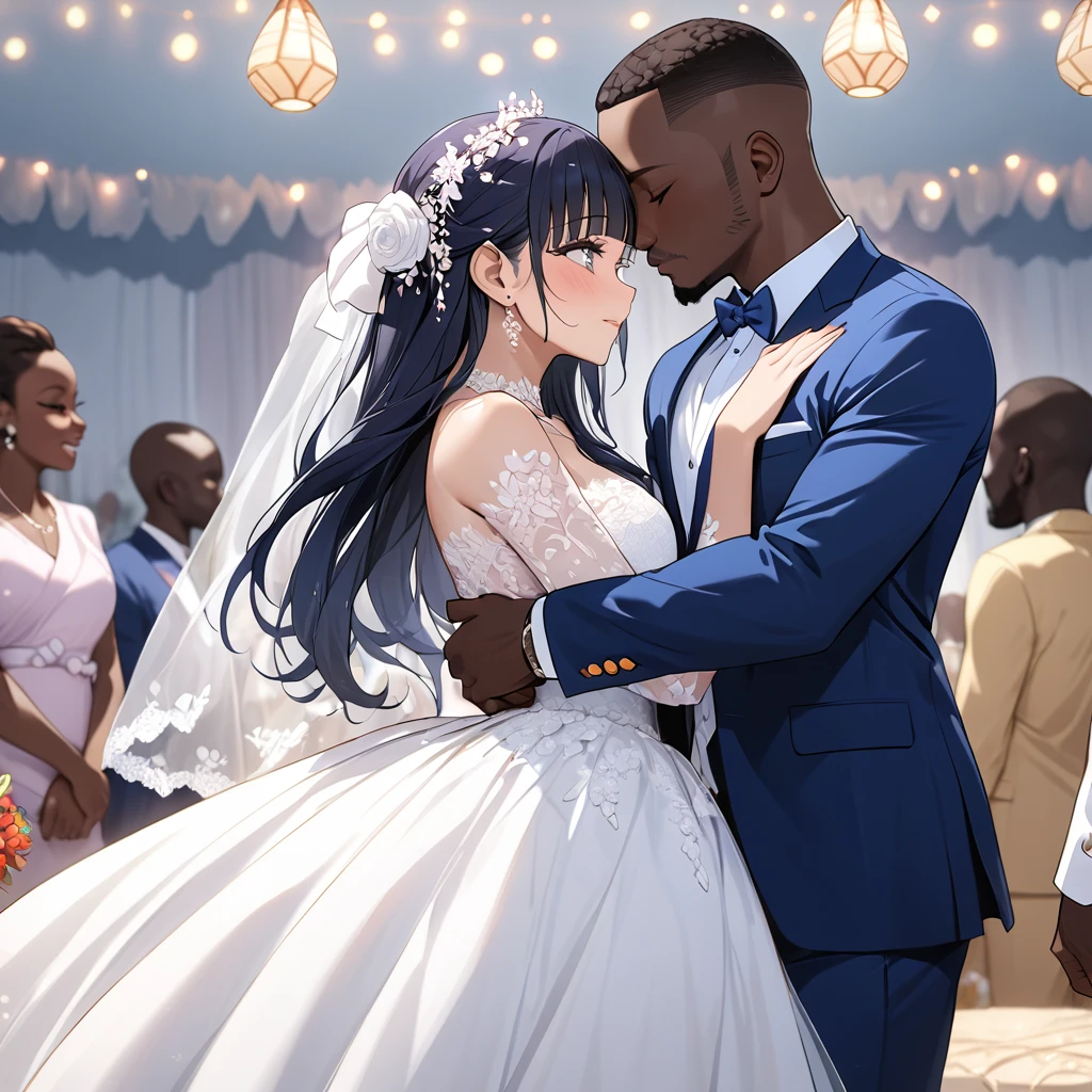 ((Highest quality)), ((masterpiece)), (detailed), （Perfect Face）、The woman is Reika Aoki, a Ghanaian woman with semi-long hair.、The woman is having her wedding ceremony in Ghana with a Ghanaian man, embracing and kissing each other.