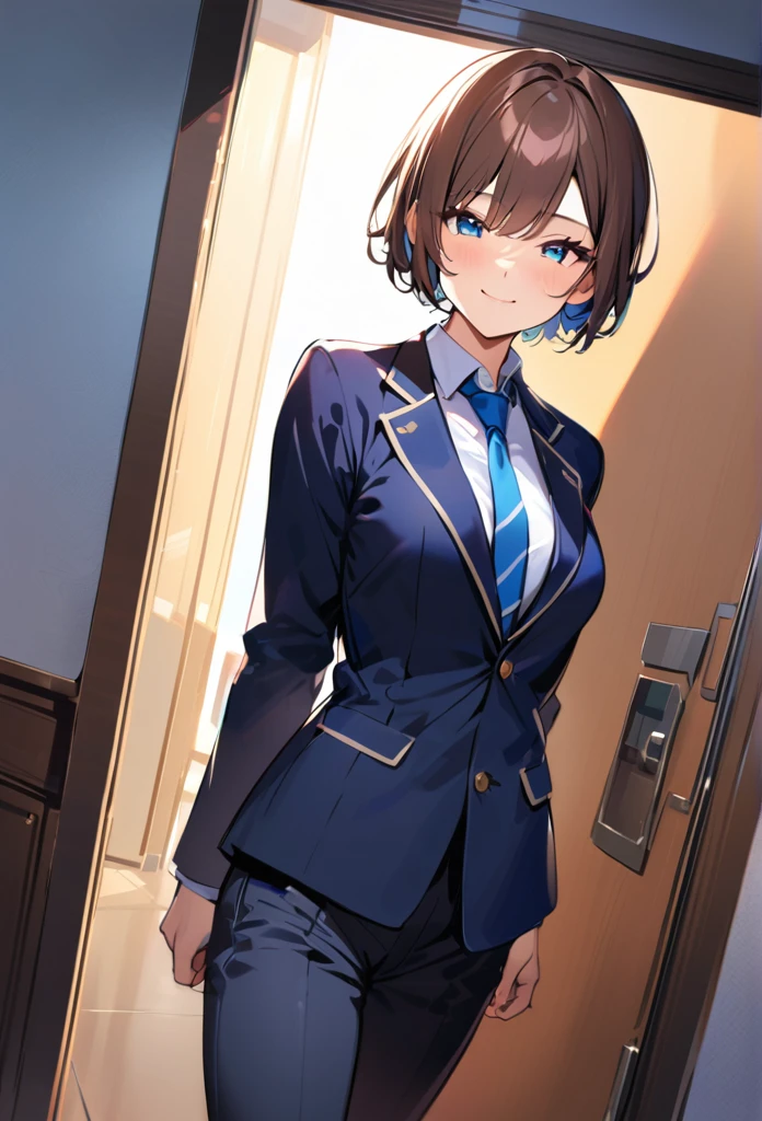 best quality ,1, a man, Brown Hair, Short Hair, smile,blazer,Blue tie, high school student