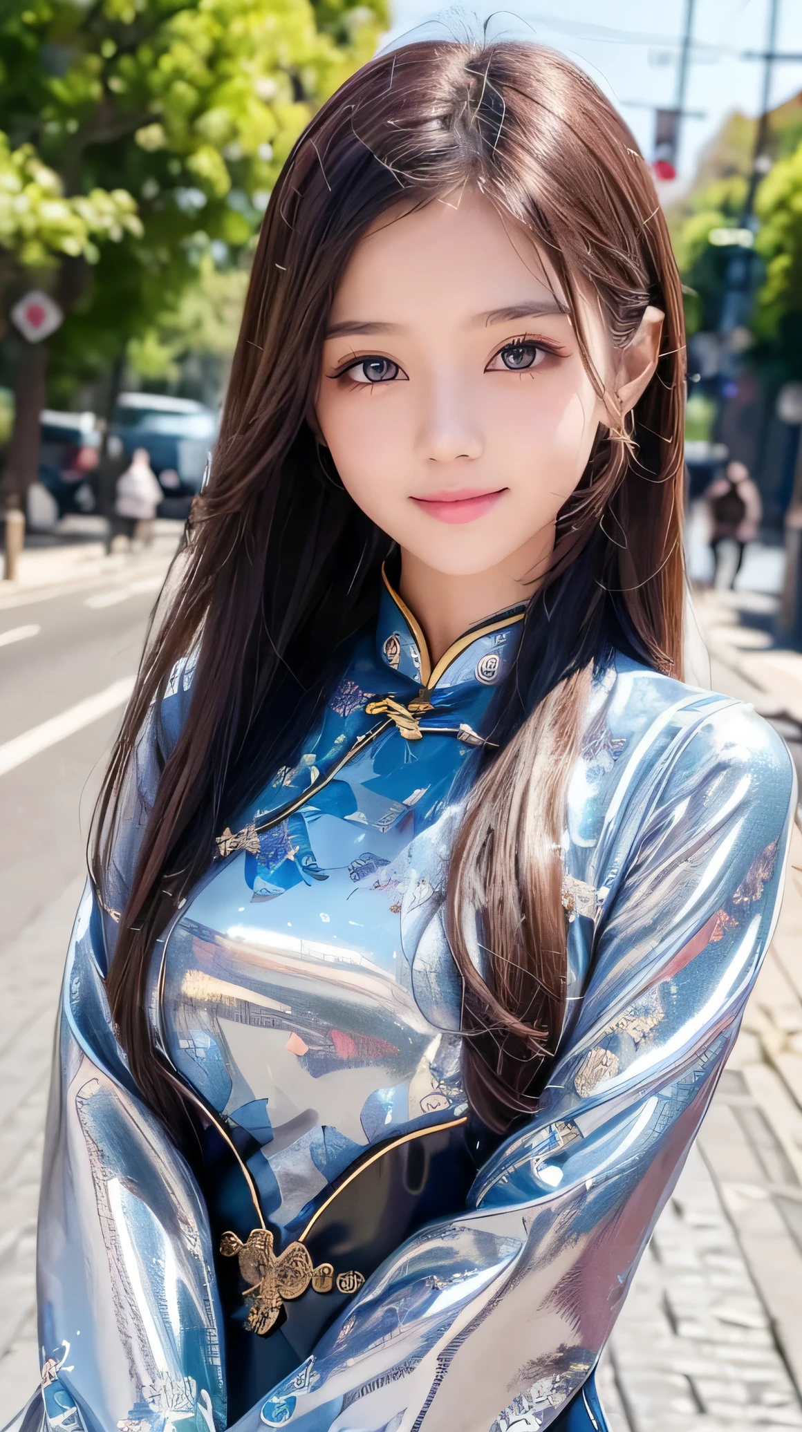 (Very beautiful  cute girl), (very  cute face:1.2),, (sparking crystal clear attractive large eyes), beautiful detailed eyes, Detailed double eyelids, (smiling), (realistic photograph:1.2), long straight hair,Super shiny metallic gorgeous vivid colored latex long sleeves cheongsam, chinese phoenix pattern design cheongsam, Costume lighting,in the street