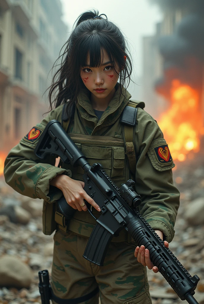 Photo-realistic, ultra-realistic, (very beautiful Japanese, famous Japanese idol:1.3), (Fully equipped for battle:1.5), large assault rifle on her back, (amazing view of multiple explosions:1), (painful impressions, crying:1.3), (wearing an army soldier's Camouflage outfits with military helmet:1.5), (Being blown away by the blast at a battle field of Abandoned Building at night), very large breasts, (tactical vest, military harness:1.3), (military long boots:1), dynamic angle, spectacular, (injured:1.3), (muddied, damaged wears, damaged body:1.3),