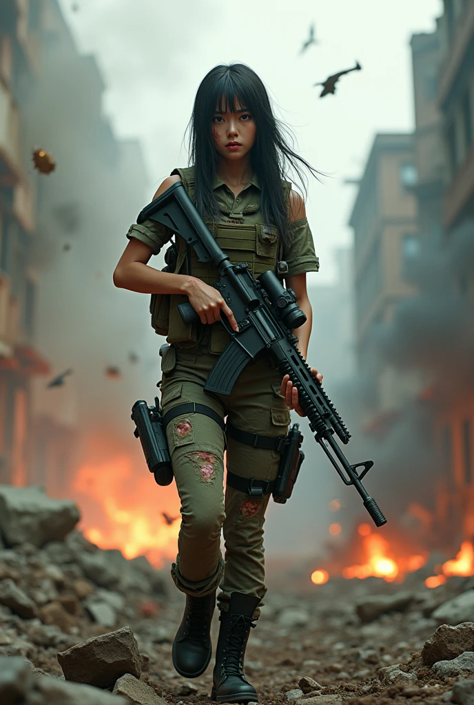 Photo-realistic, ultra-realistic, (very beautiful Japanese, famous Japanese idol:1.3), (Fully equipped for battle:1.5), large assault rifle on her back, (amazing view of multiple explosions:1), (painful impressions, crying:1.3), (wearing an army soldier's Camouflage outfits with military helmet:1.5), (Being blown away by the blast at a battle field of Abandoned Building at night), very large breasts, (tactical vest, military harness:1.3), (military long boots:1), dynamic angle, spectacular, (injured:1.3), (muddied, damaged wears, damaged body:1.3),