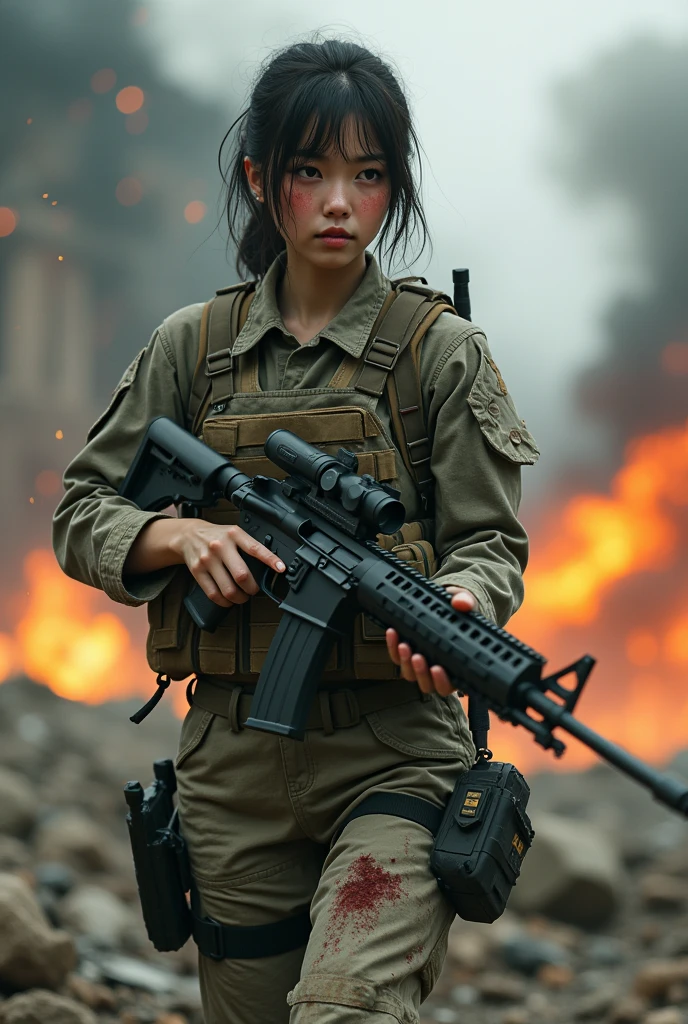 Photo-realistic, ultra-realistic, (very beautiful Japanese, famous Japanese idol:1.3), (Fully equipped for battle:1.5), large assault rifle on her back, (amazing view of multiple explosions:1), (painful impressions, crying:1.3), (wearing an army soldier's Camouflage outfits with military helmet:1.5), (Being blown away by the blast at a battle field of Abandoned Building at night), very large breasts, (tactical vest, military harness:1.3), (military long boots:1), dynamic angle, spectacular, (injured:1.3), (muddied, damaged wears, damaged body:1.3),