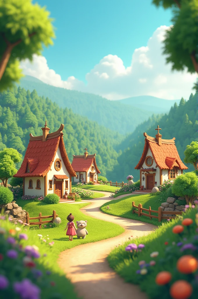 3D cartoon animation style.Village Landscape: A serene view of a remote village surrounded by rolling hills and dense forests.