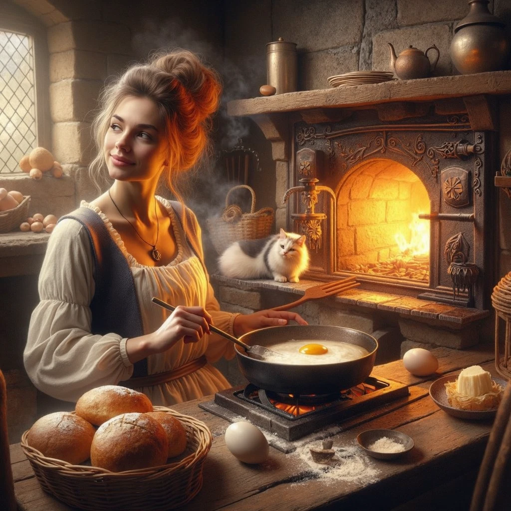 a beautiful medieval woman with a content expression on her face, cooking a fried egg using a Medieval wood stove emitting a warm glow, in a mediocre Medieval Kitchen, with a cat sitting on the kitchen table, a basket of freshly baked bread in the corner, wearing an apron with flour stains, in an insanely detailed and intricate, photo realistic oil on canvas painting style with cinematic lighting