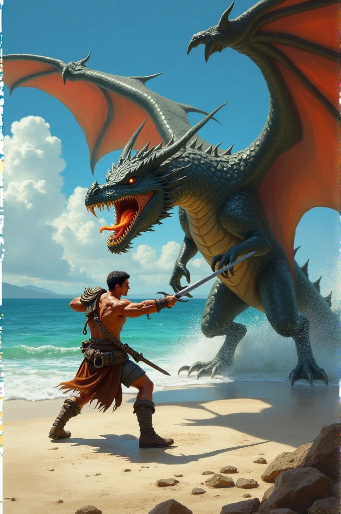 Man fighting with dragon at the beach 