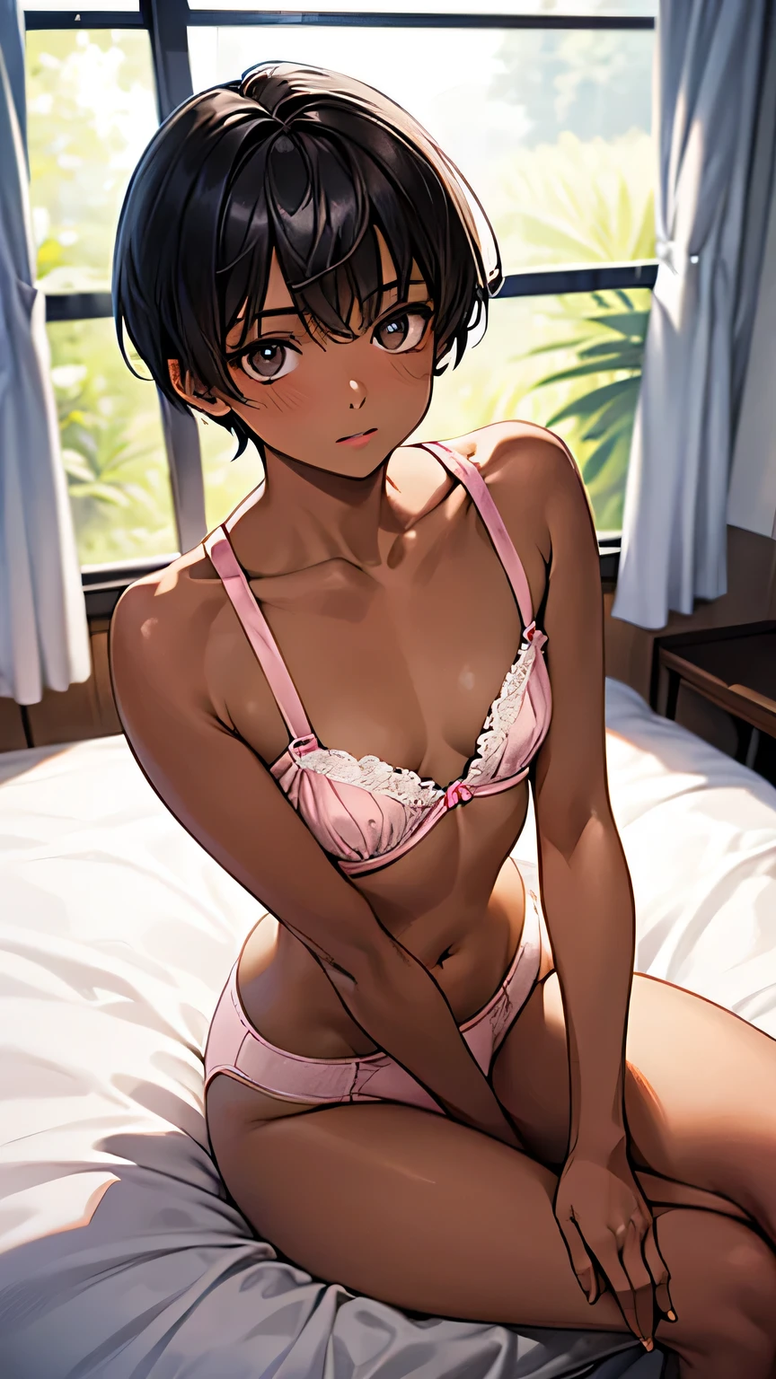 Highest quality、Realistic、、zoom、Primary school students、man、look up、cute、Light grey eyes、Black Hair、short hair、Tanned brown skin、Dark Skin、light pink bra、Light pink panties、Flat Chest、Bust Shot、thin、bed、Sitting with legs crossed