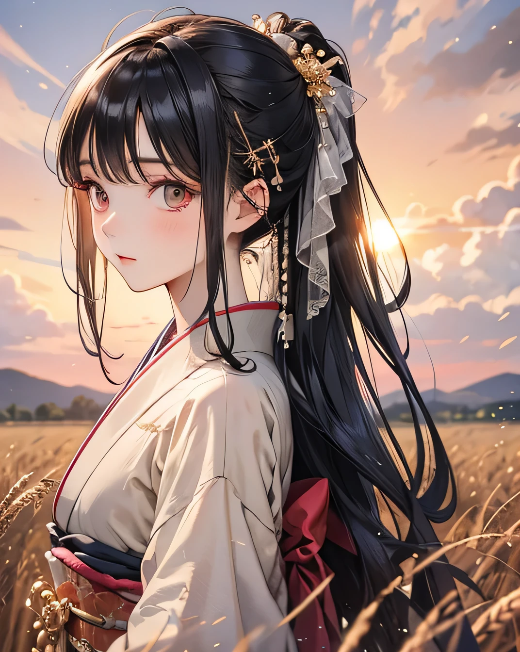 A girl in a kimono stands expressionless in a wheat field up to her waist, Black kimono with gold rimming, her hair is tied in a ponytail, Yellow Eyes, The sunset in her eyes, The light hits her face, Half landscape orientation to the camera