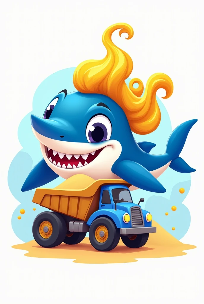 a logo with an animated shark in blue and white colors with curly corn-cob-shaped hair in yellow near a truck carrying sand
