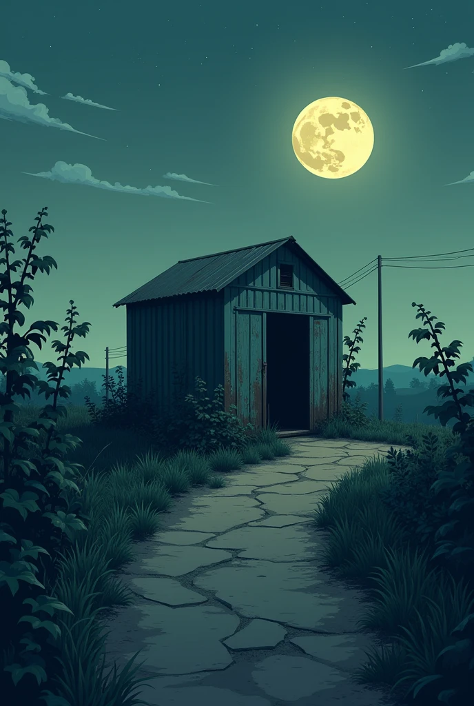 An aged metal shed, a little rusty and with a door in front, surrounded by neglected plants and crops, like dark green overgrowths.
The shed and the crops are next to the lonely road, paved but lonely, no one passes by, no one is nearby.
The entire scene is illuminated by the faint white moon with yellowish touches, which is located between weak clouds and surrounded by a lonely, clear sky.
It's early morning, it should be noted.
The image must be surrounded by a strange mysticism, like a lonely feeling, of knowing that no one is around, it must be somewhere between peaceful and solitary.
The image should maintain a very minimalist, vectorized style.