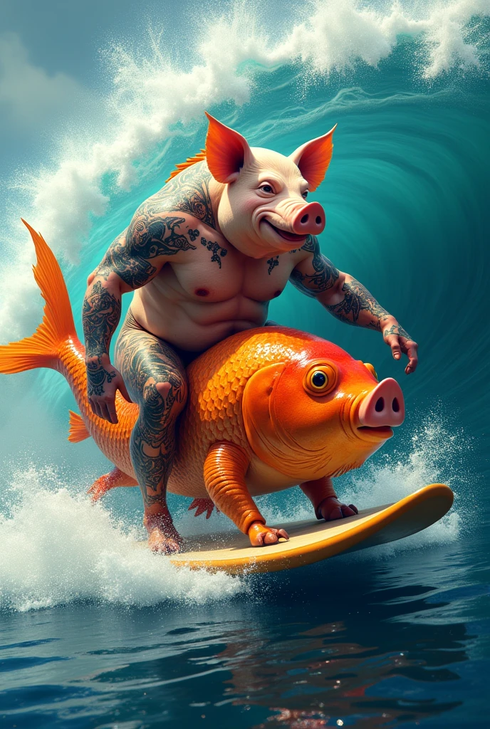 A muscular, tattooed, chesty, shirtless pig riding a giant goldfish while surfing off a wave