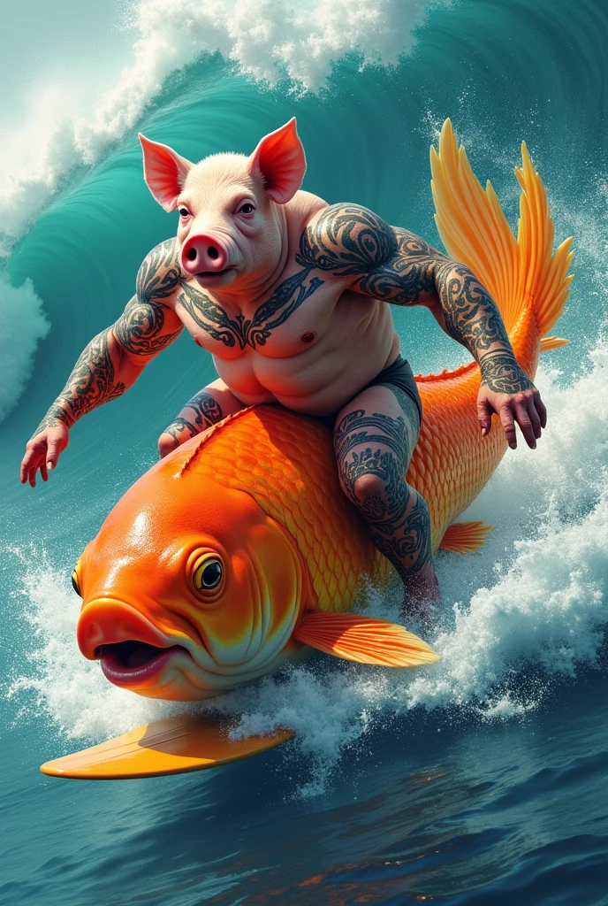 A muscular, tattooed, chesty, shirtless pig riding a giant goldfish while surfing a wave