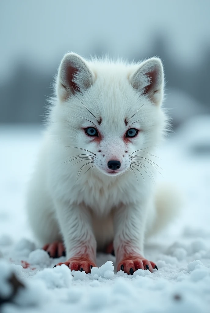 A white arctic fox cub has experienced human cruelty with gunshots and is tired and exhausted.