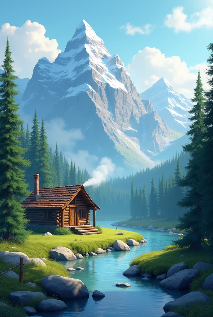 Mountains in the background with snow caps, Trees , a river with rocks and a cabin with smoke coming out of the chimney