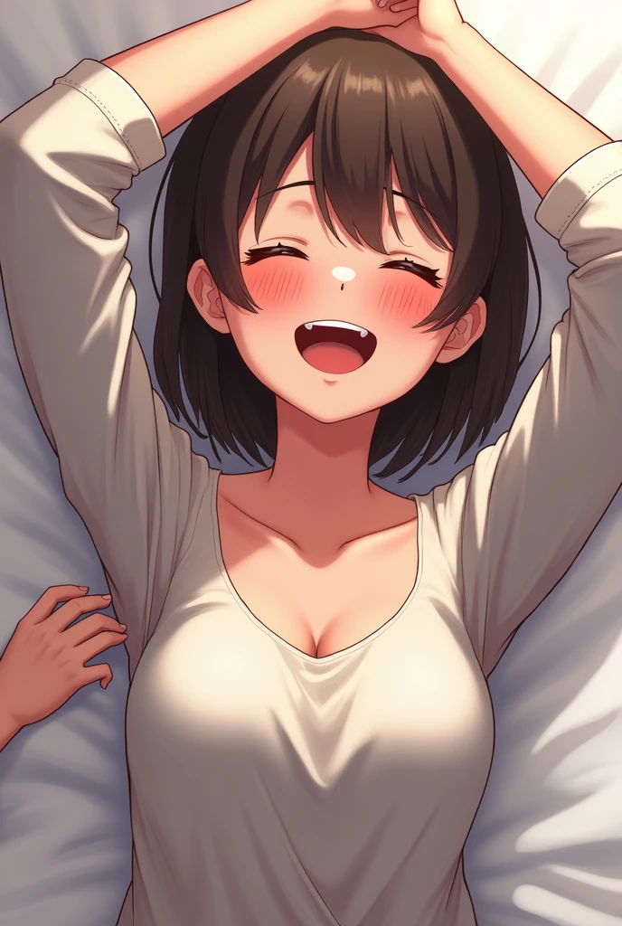 A girl laughing a lot, quite flushed and with watery eyes, with both arms up, receiving tickles in his exposed armpits as the fingertips of 6 hands slide through them. She is wearing a long sleeved t-shirt with a hole just below the shoulder., at armpit level, and allows the armpits to be seen and the hands to touch the armpits.