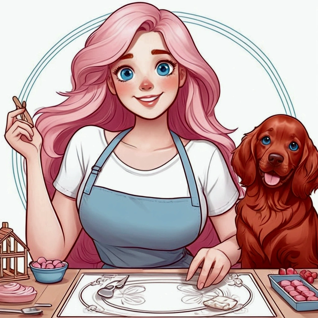 draw basic style, vector line art. Create avatar of curvy craftswoman girl, very beautiful upper body. Long light pink hair, blue eyes, wide smile, white t-shirt with apron. She is hugged with a charming red irish setter dog. in the table, working with mini houses dioramas. Specific art, fanart, candy color, white background, clipart illustration, simple art, cartoon 2D, no shading, PNG, front view