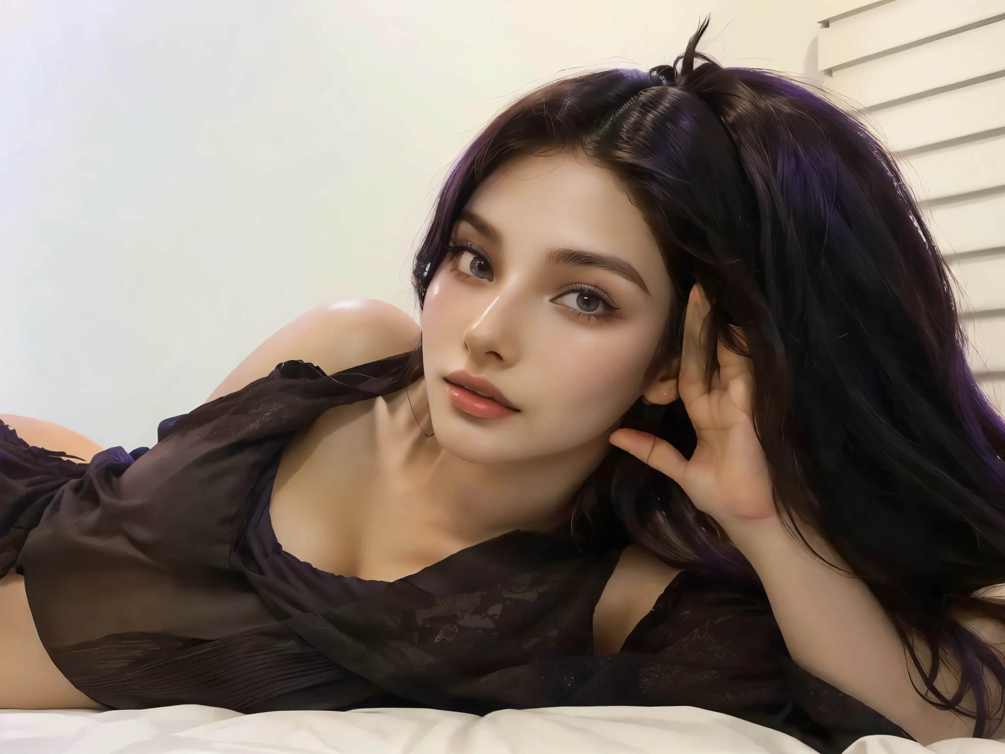 there is a woman laying on a bed with a brown top, violet myers, 1, gorgeous latina face, she is about 20 years old, she is about 2 0 years old, 1 girl, 2 female model, indian girl with brown skin, sexy girl with dark complexion, beautiful mexican woman