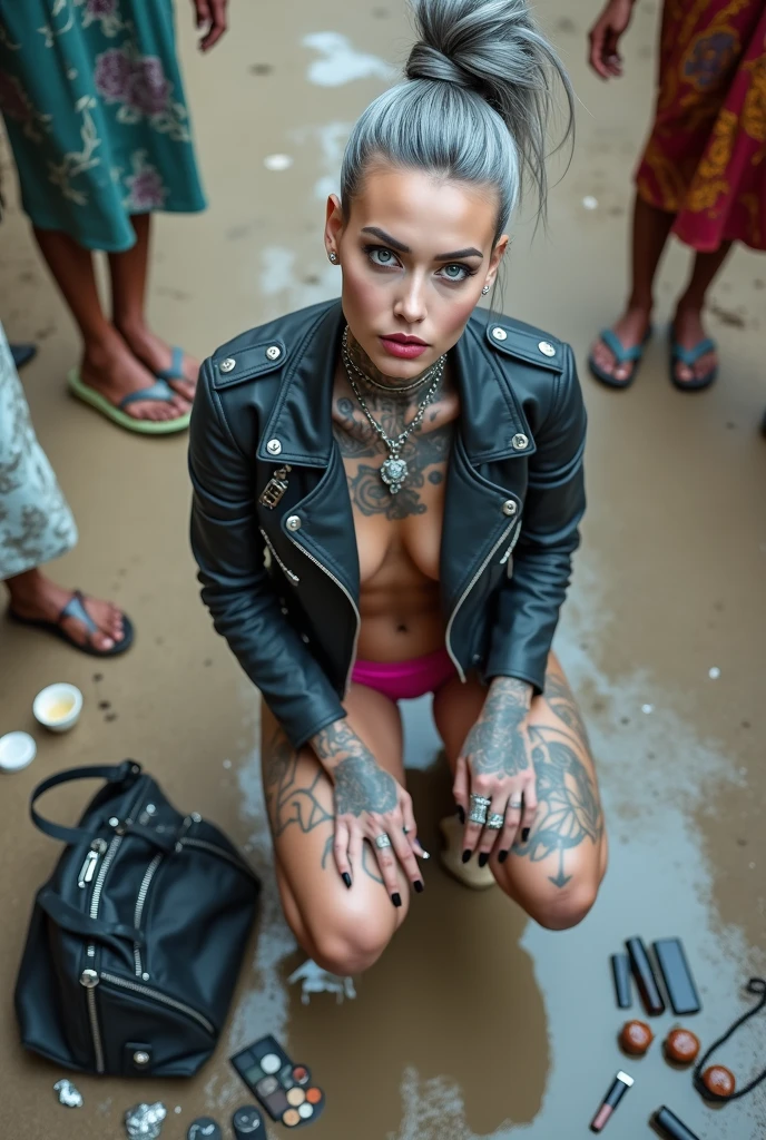 russian milf woman, grey  hair (high pompadour, top bun), with very light blue eyes, extremely pale skin. All neck tattooed. Hands and forearms all tattooed.vTighs all tattoed. Wearing cropped aged black moto jacket with lots of zippers and pins, flipped up collar.. fuchsia bikini.. flip flops. . Dirty knees, dirty feet and muddy hands.  Squatting on a puddle with hands on her hips, looking up, chin up, stretching her neck , humble facial expression.  Black nail polish. studded black leather tote bag with chain on the floor, next to her.. Listening looking up in amazement to somebody speaking to her from the sky, upper teeth visible. Well toned abdominals, thin neck, slim legs and thin arms. Narrow hips Cleavage, stomach, neck, tigh and hands completely covered with tattoos. Dirt street in Kenyan village full of waste. Lots of silver bracelets, silver pendants and collars around all the beck. A lot of tanned fat women  in traditional dresses around looking at her. next to her, all her belongings scattered on the floor: tobacco packs, makeup kit, little makeup mirror, studded black leather tote bag, lipstick, wallet, moble etc on the floor, point of view; from above