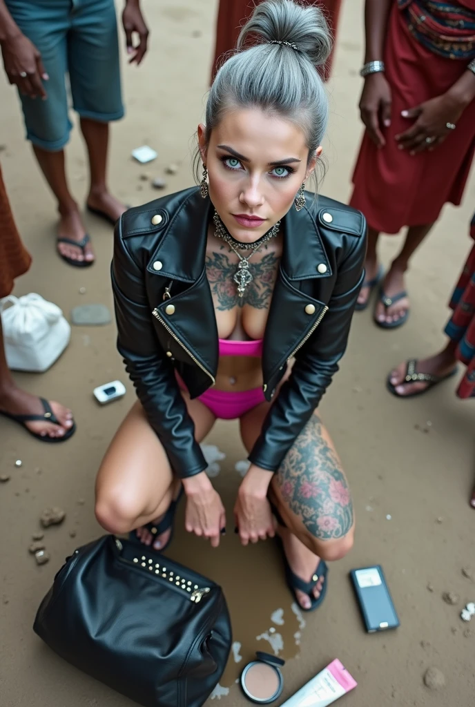 russian milf woman, grey hair (high pompadour, top bun), with very light blue eyes, extremely pale skin. All neck tattooed. Hands and forearms all tattooed.vTighs all tattoed. Wearing cropped aged black moto jacket with lots of zippers and pins, flipped up collar.. fuchsia bikini.. flip flops. . Dirty knees, dirty feet and muddy hands. Squatting on a puddle with hands on her hips, looking up, chin up, stretching her neck , humble facial expression. Black nail polish. studded black leather tote bag with chain on the floor, next to her.. Listening looking up in amazement to somebody speaking to her from the sky, upper teeth visible. Well toned abdominals, thin neck, slim legs and thin arms. Narrow hips Cleavage, stomach, neck, tigh and hands completely covered with tattoos. Dirt street in Kenyan village full of waste. Lots of silver bracelets, silver pendants and collars around all the beck. A lot of tanned fat women in traditional dresses around looking at her. next to her, all her belongings scattered on the floor: tobacco packs, makeup kit, little makeup mirror, studded black leather tote bag, lipstick, wallet, moble etc on the floor, point of view; from above