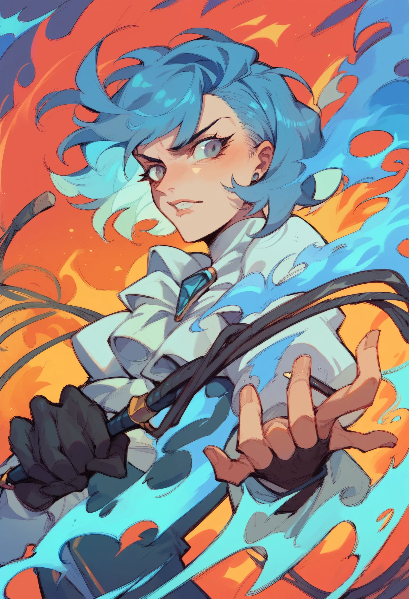 Franziska von Karma, blue hair, whip on hand, whip on fire