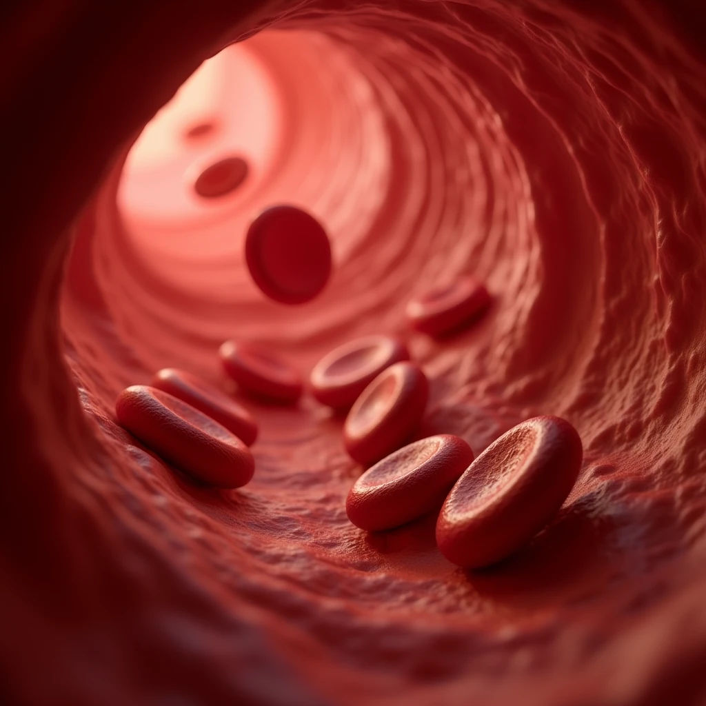 Highly detailed and stylized 3D rendering of red blood cells flowing through a blood vessel. The image features a tunnel-like structure with a reddish hue, representing the interior of a blood vessel. The red blood cells are depicted as smooth, biconcave discs, varying in size and orientation, and are shown in a dynamic, flowing motion. The cells have a glossy, almost reflective surface, emphasizing their three-dimensional form. The background is a blurred, textured representation of the vessel walls, enhancing the sense of depth and movement within the scene.