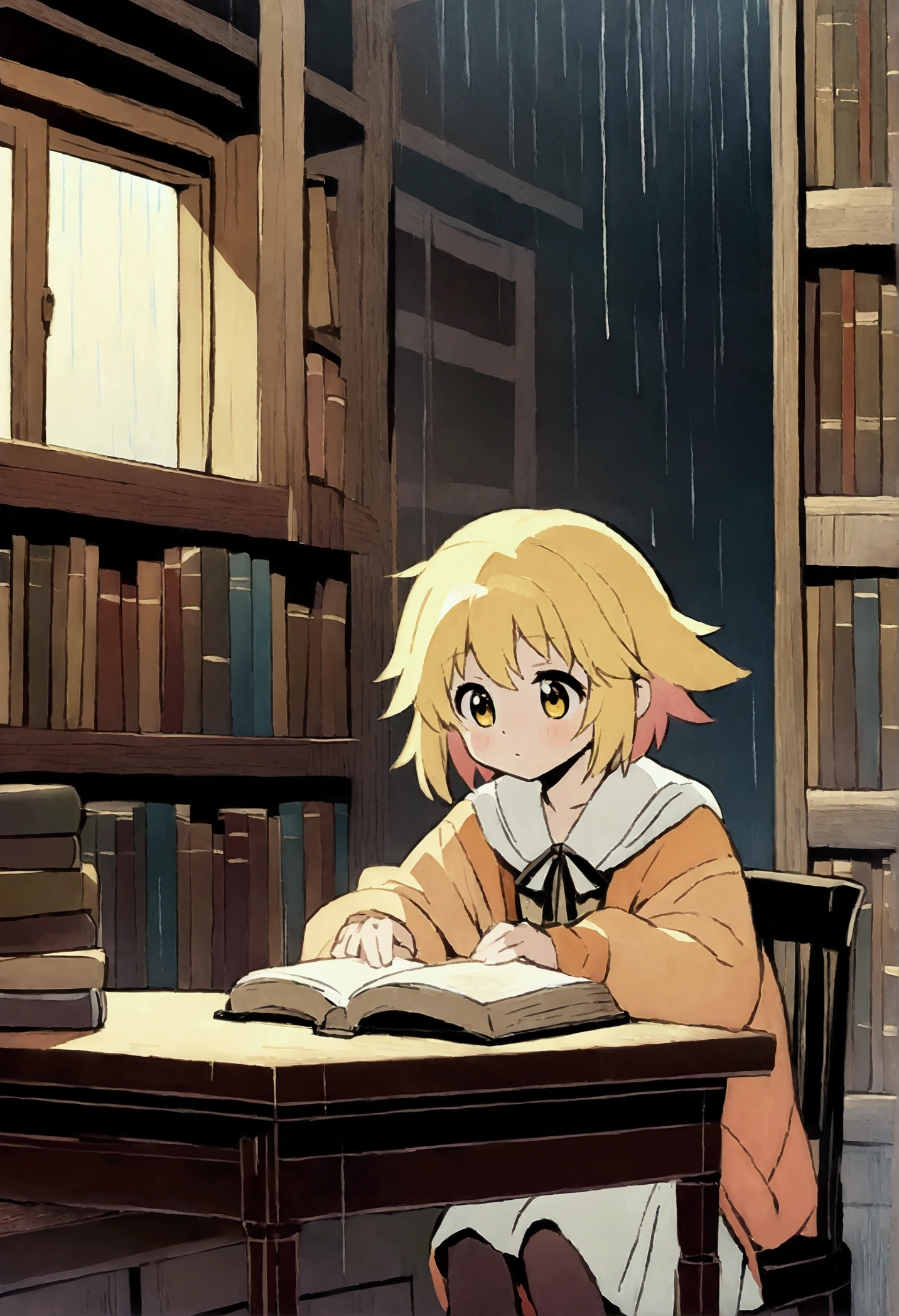 Chica anime estudiando en una biblioteca antigua, anime girl, sitting at a wooden table in an old library, surrounded by tall bookshelves filled with ancient books, soft golden light from a desk lamp, rain falling softly against the large windows, focused expression, Lo-Fi aesthetic, warm colors, gentle breeze through an open window.