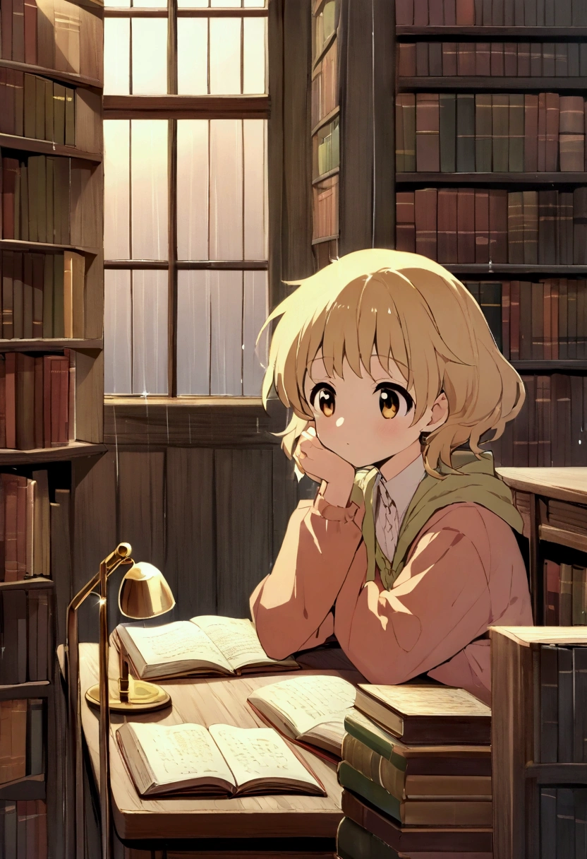 Chica anime estudiando en una biblioteca antigua, anime girl, sitting at a wooden table in an old library, surrounded by tall bookshelves filled with ancient books, soft golden light from a desk lamp, rain falling softly against the large windows, focused expression, Lo-Fi aesthetic, warm colors, gentle breeze through an open window.