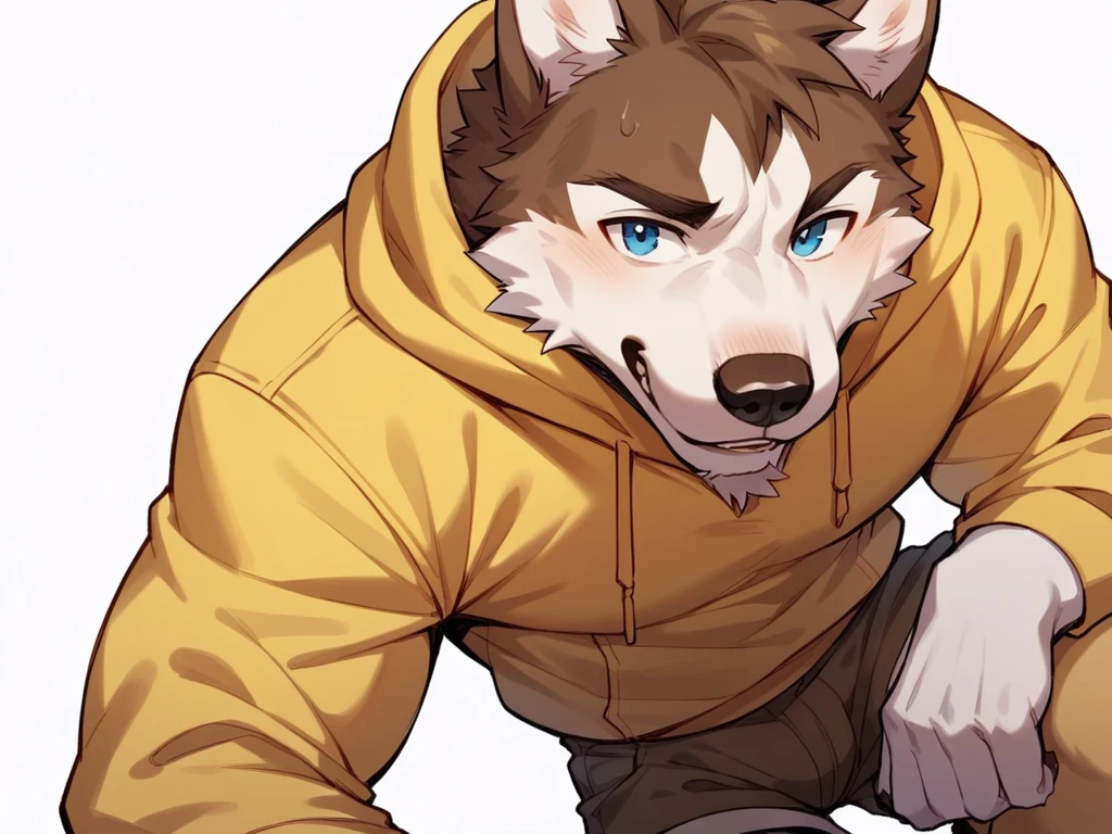 score_9, score_8_up, score_7_up, high quality, hires, anthro, male, husky, brown fur, brown ears, mostly white fur, blue eyes, yellow hoodie, brown shorts, white background,