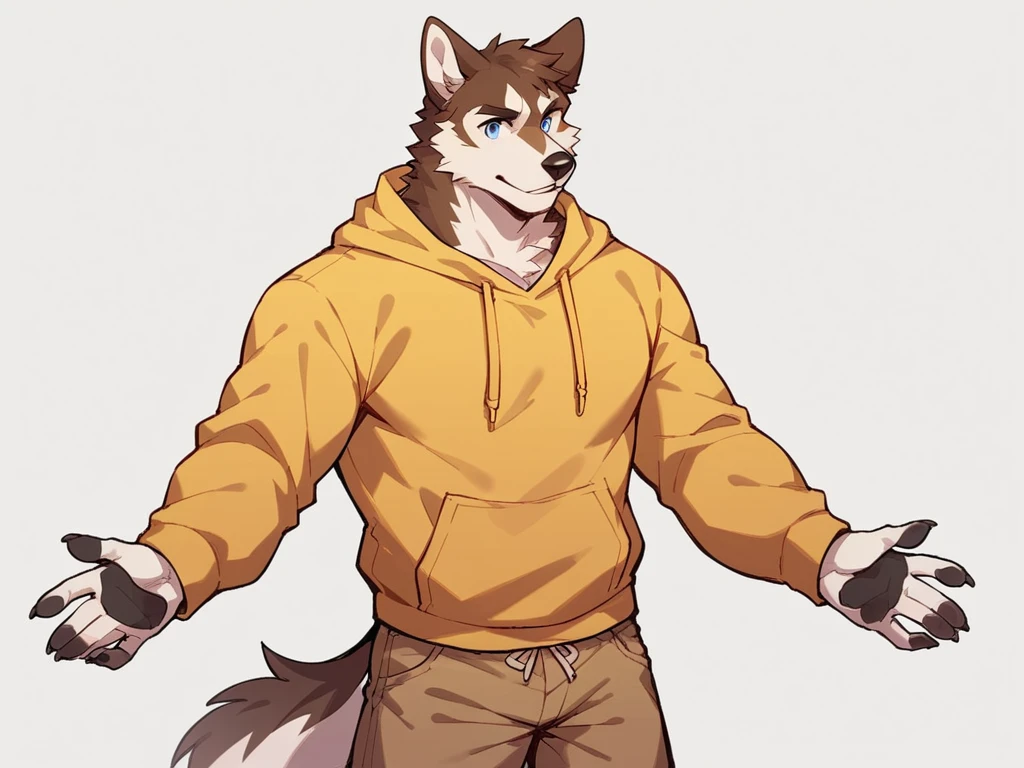 score_9, score_8_up, score_7_up, high quality, hires, anthro, male, husky, brown fur, brown ears, mostly white fur, blue eyes, yellow hoodie, brown shorts, white background,
