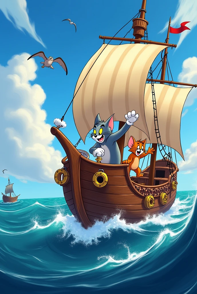 Tom and Jerry sailing the sea on an animated pirate ship like in the series