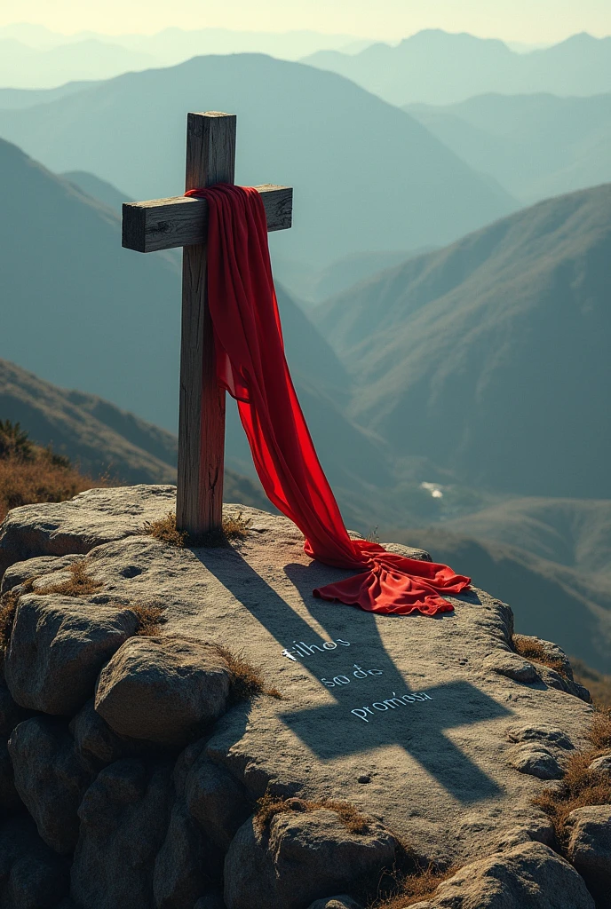 Create a cross, with a red cloth, and write the phrase children of the promise in the shadow in pt-br as if we were facing the cross on the mountain