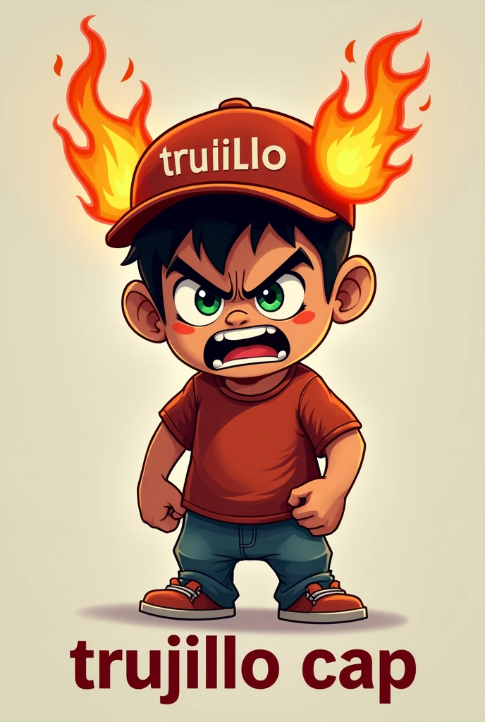Angry child with a cap with fire on the sides and below the child it says TRUJILLO CAP 
